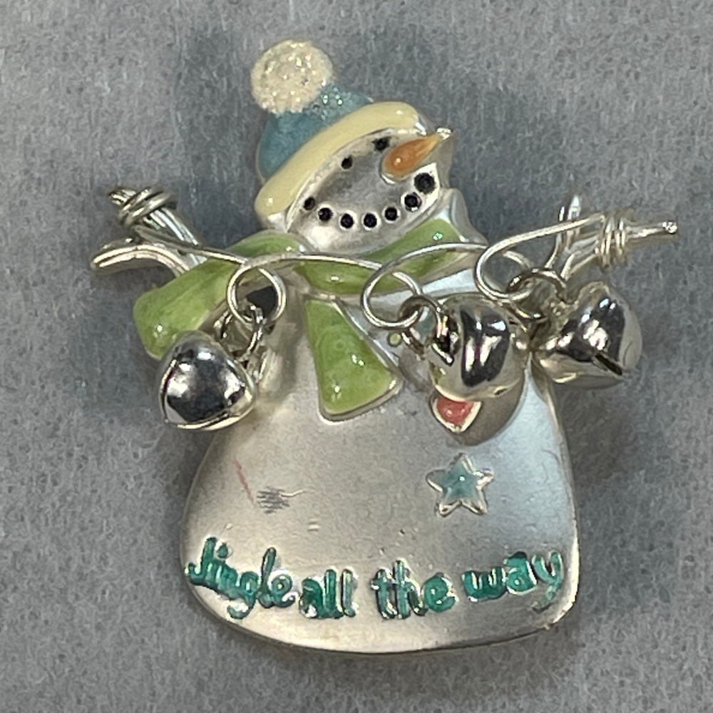 Vintage Snowman Brooch Pin Enamel Green Scarf Jingle All The Way Bells Christmas